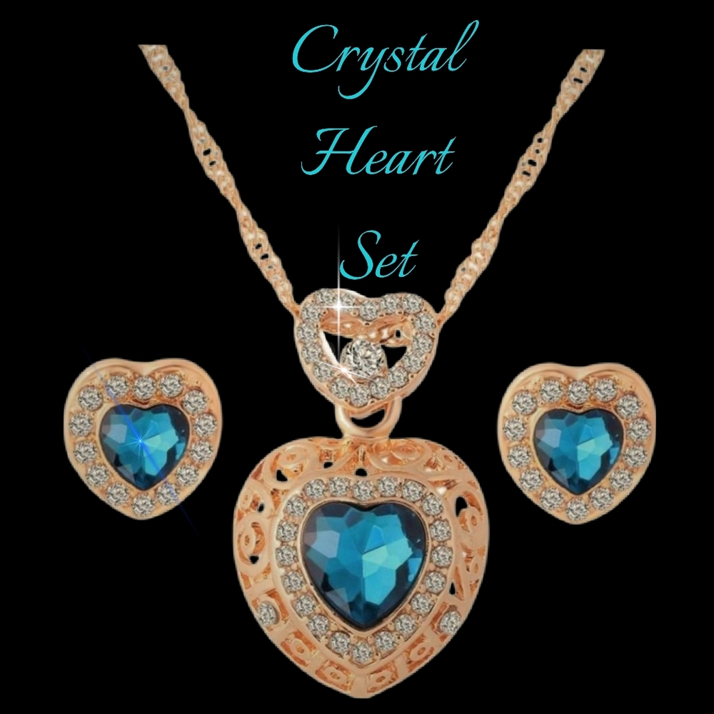 2pc Aquamarine Teal Blue CZ Gold Heart Earrings & Necklace Set